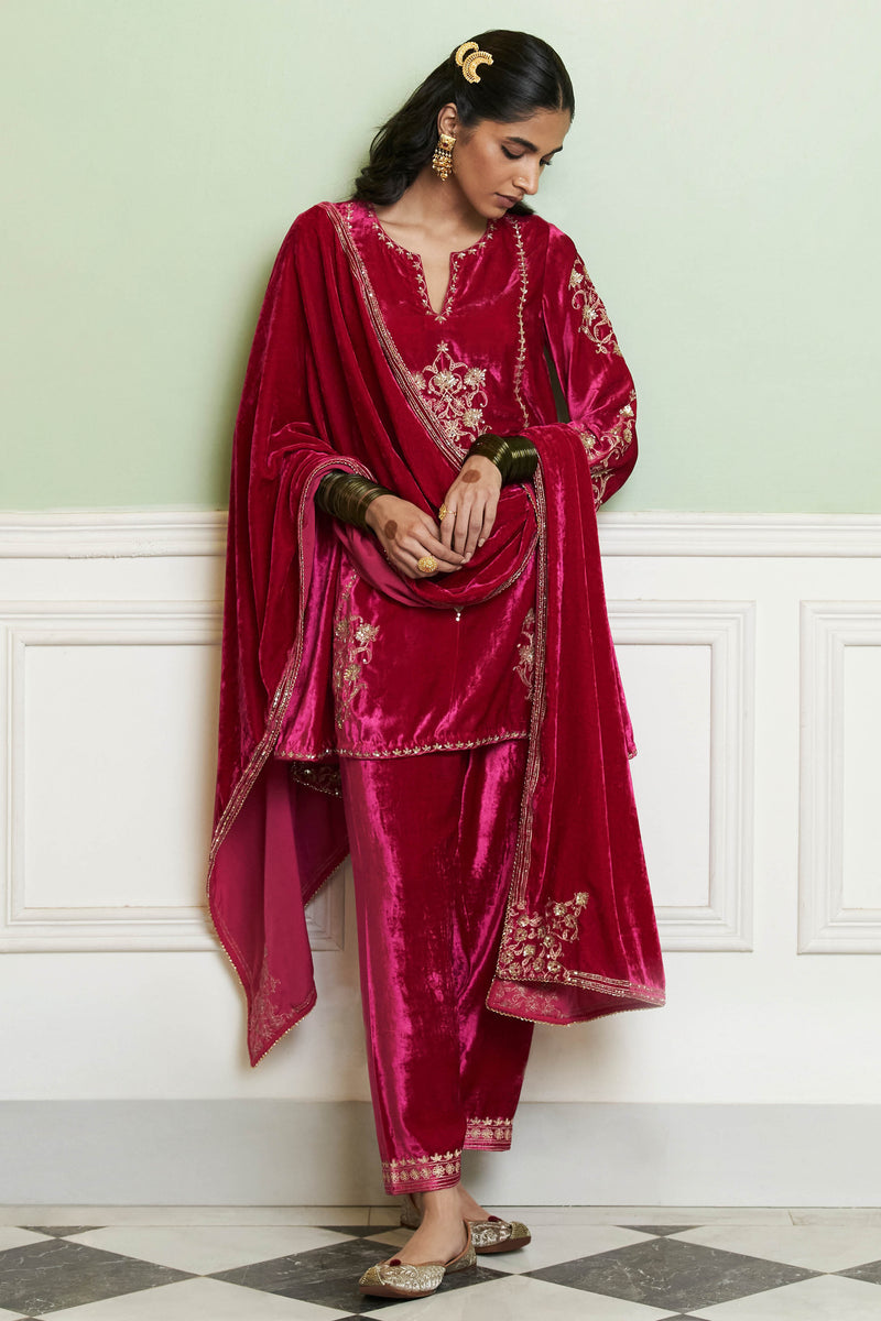 Fuchsia Embroidered Velvet Short Kalidar Kurta Set