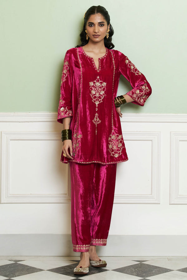 Fuchsia Embroidered Velvet Short Kalidar Kurta Set