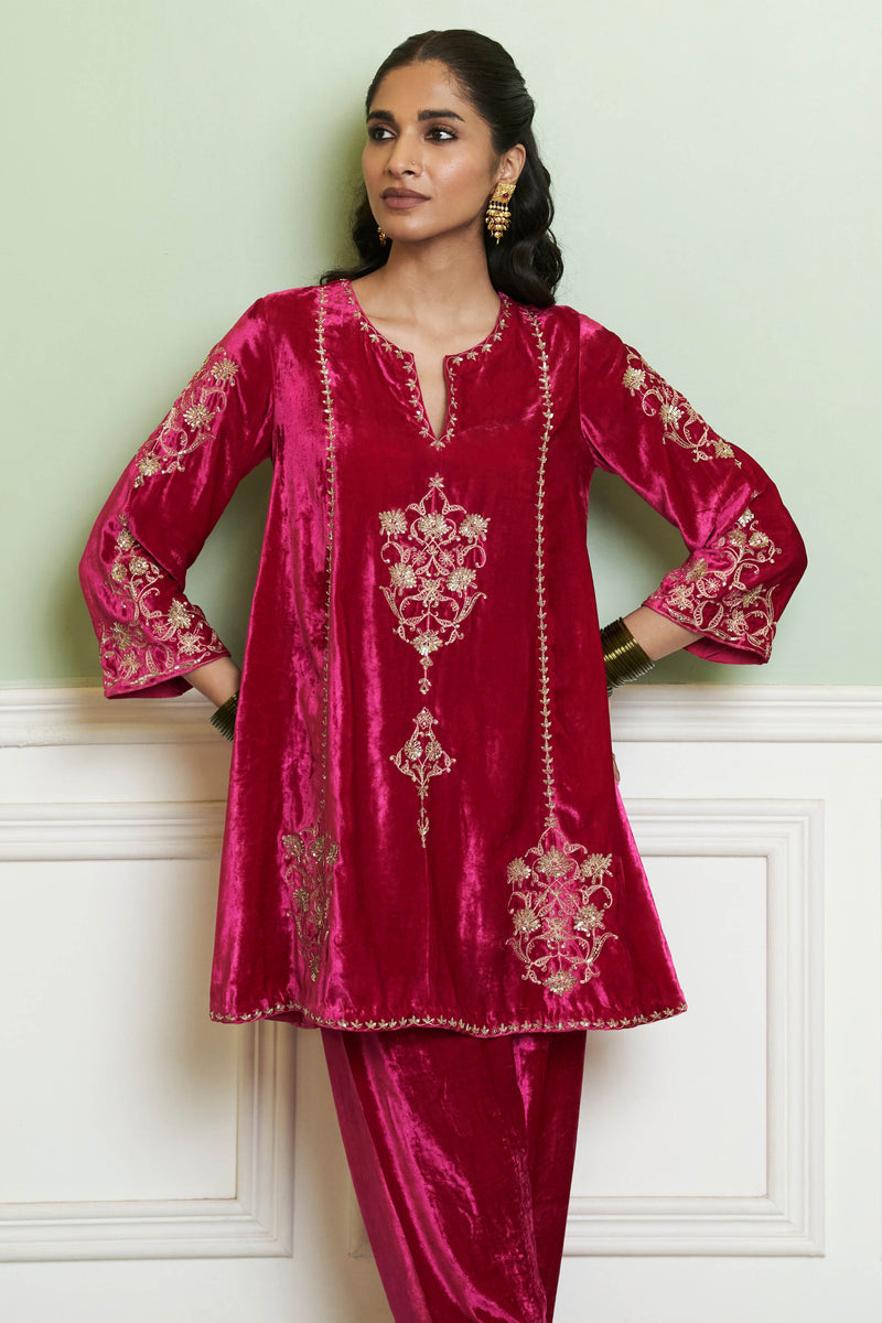 Fuchsia Embroidered Velvet Short Kalidar Kurta Set