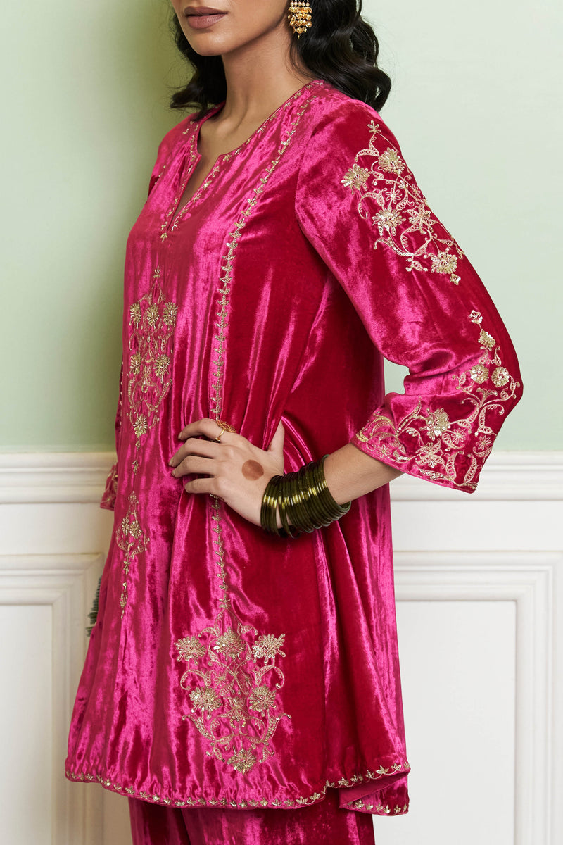 Fuchsia Embroidered Velvet Short Kalidar Kurta Set