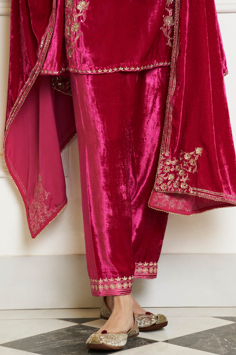 Fuchsia Embroidered Velvet Short Kalidar Kurta Set