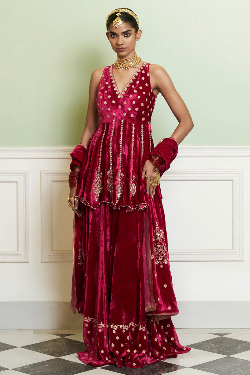 Fuchsia Embroidered Velvet Sharara Set