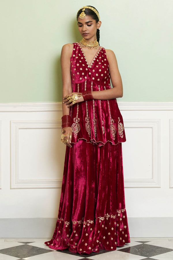 Fuchsia Embroidered Velvet Sharara Set