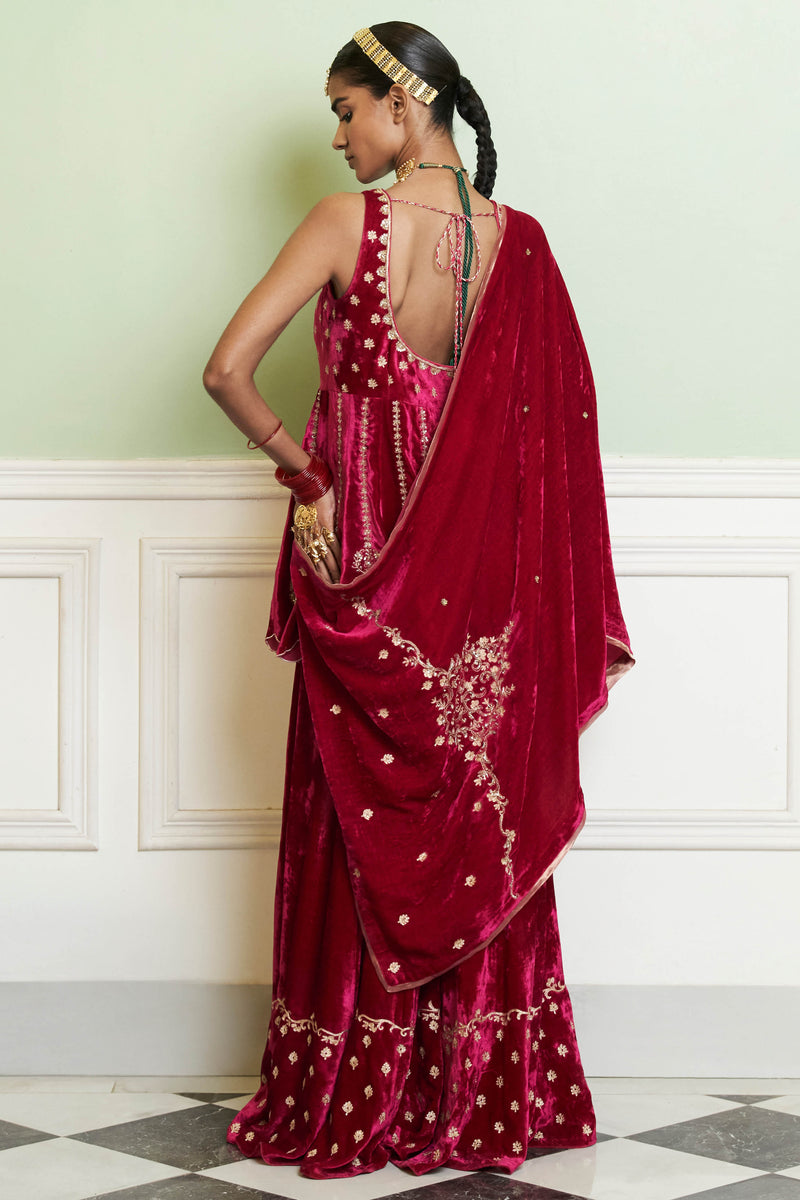 Fuchsia Embroidered Velvet Sharara Set