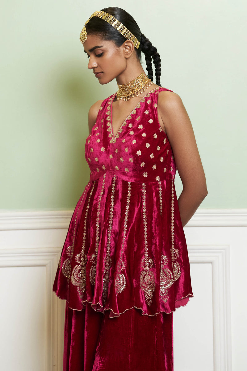 Fuchsia Embroidered Velvet Sharara Set