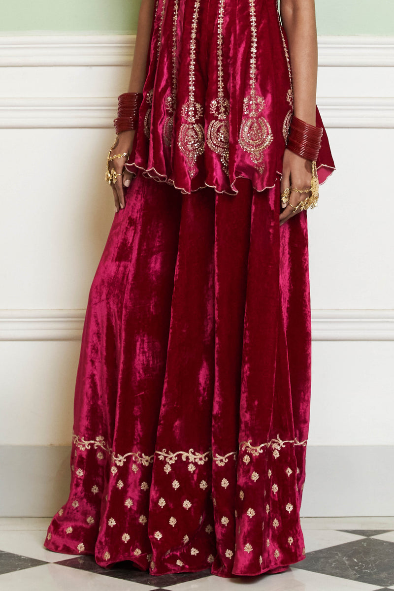 Fuchsia Embroidered Velvet Sharara Set