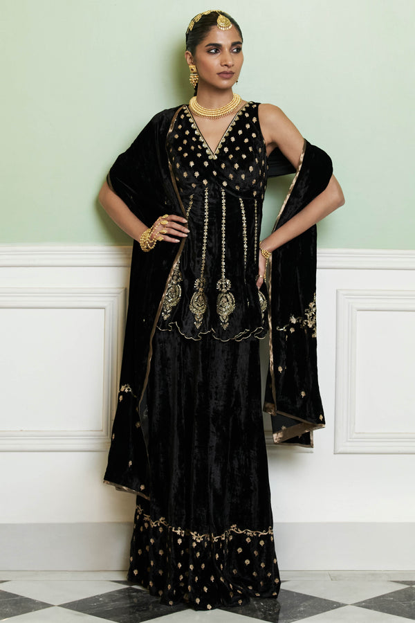 Black Embroidered Velvet Sharara Set