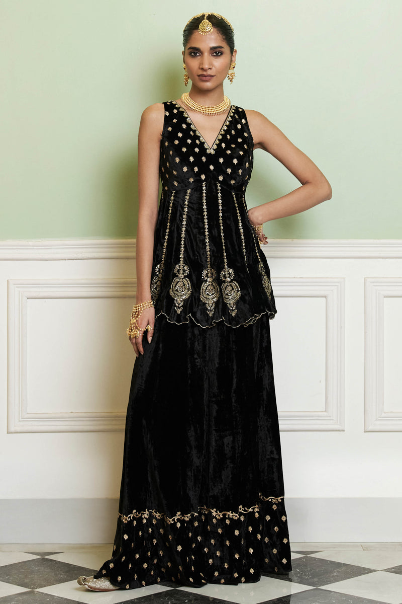 Black Embroidered Velvet Sharara Set