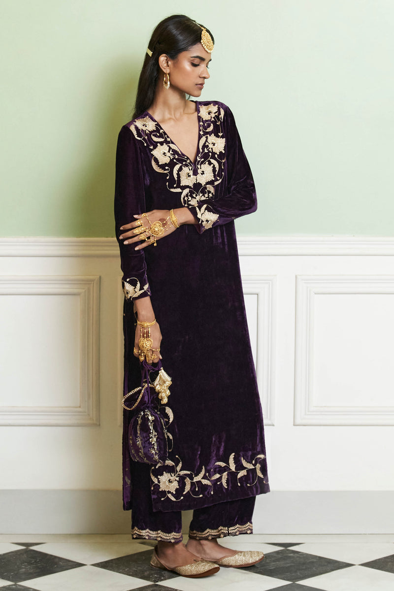 Deep Purple Embroidered Velvet Kurta Set