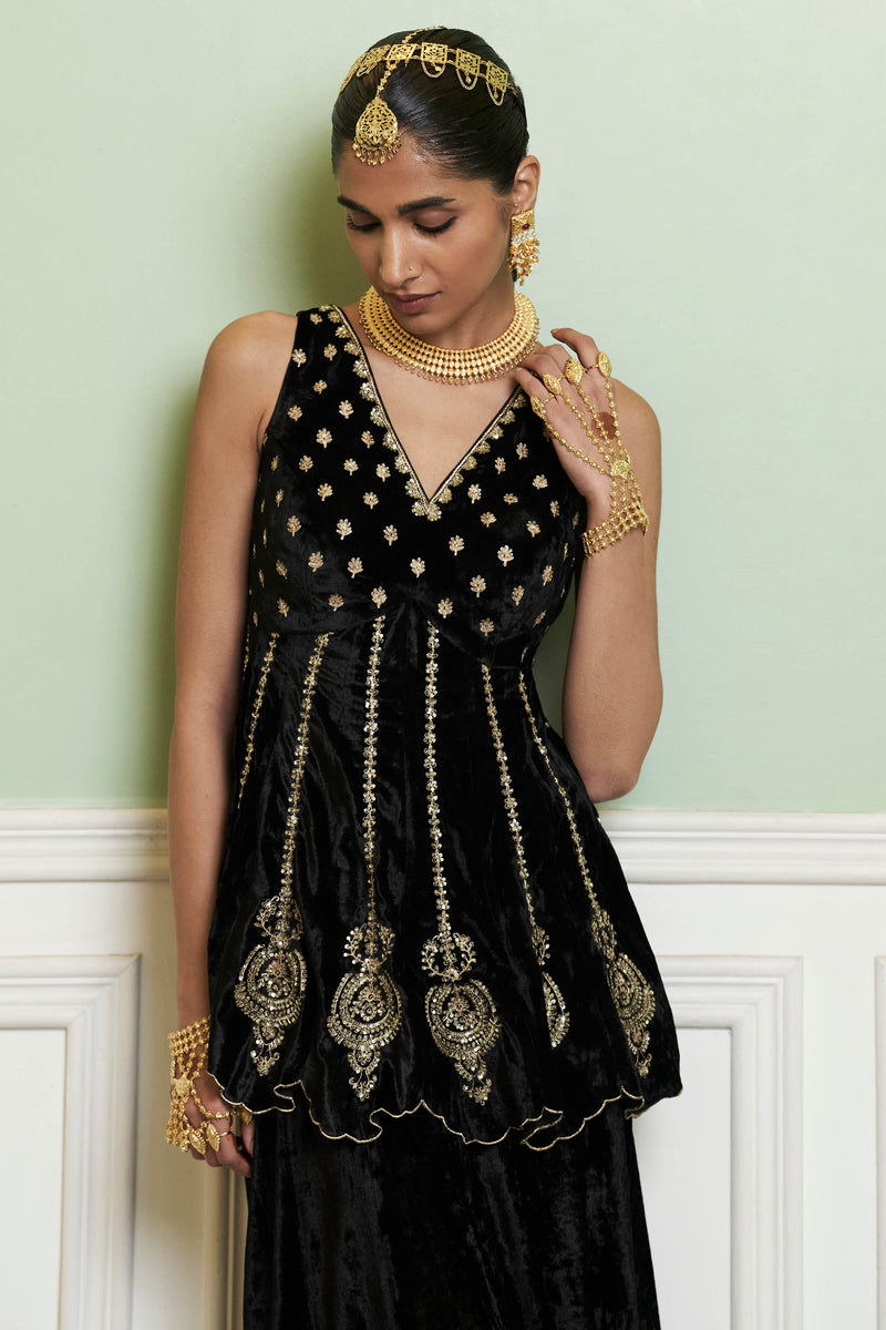 Black Embroidered Velvet Sharara Set