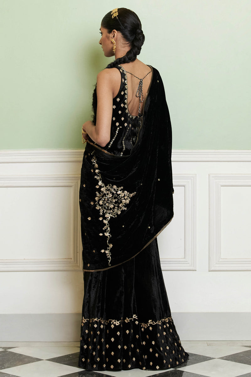 Black Embroidered Velvet Sharara Set