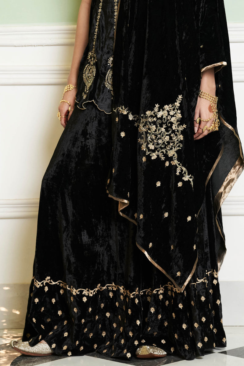 Black Embroidered Velvet Sharara Set