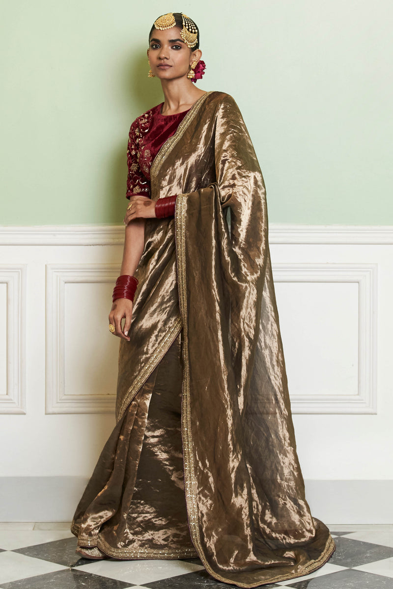 Gold Silk Tissue Embroidered Saree Set