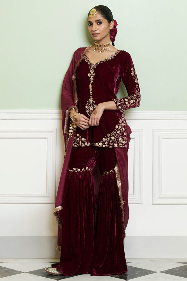 Plum Red Embroidered Velvet Gharara Set