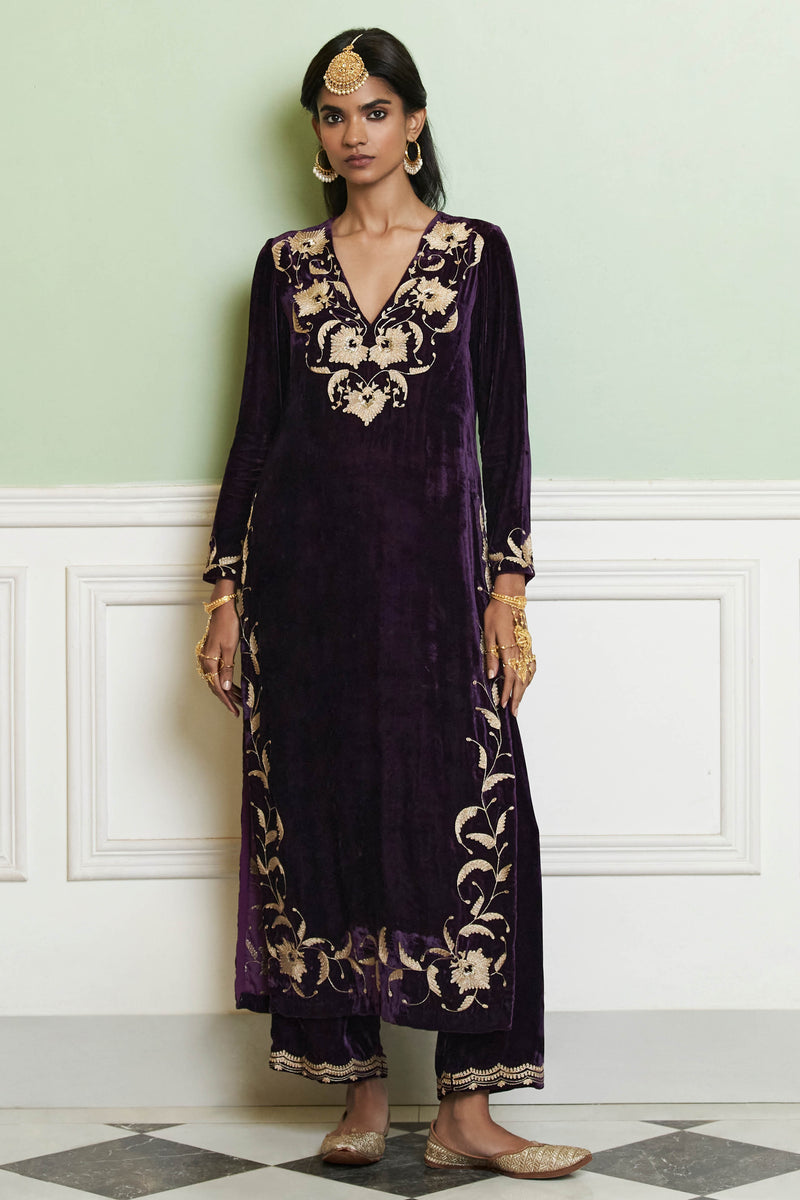 Deep Purple Embroidered Velvet Kurta Set