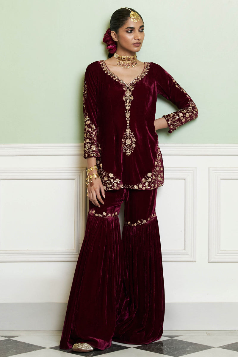 Plum Red Embroidered Velvet Gharara Set