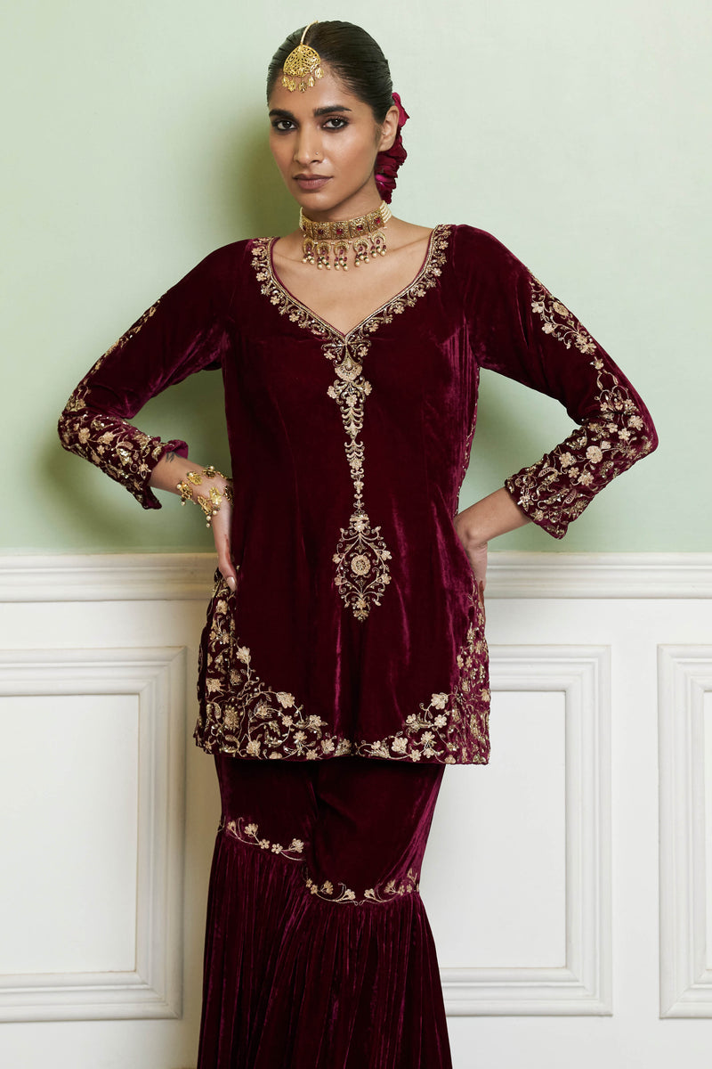 Plum Red Embroidered Velvet Gharara Set