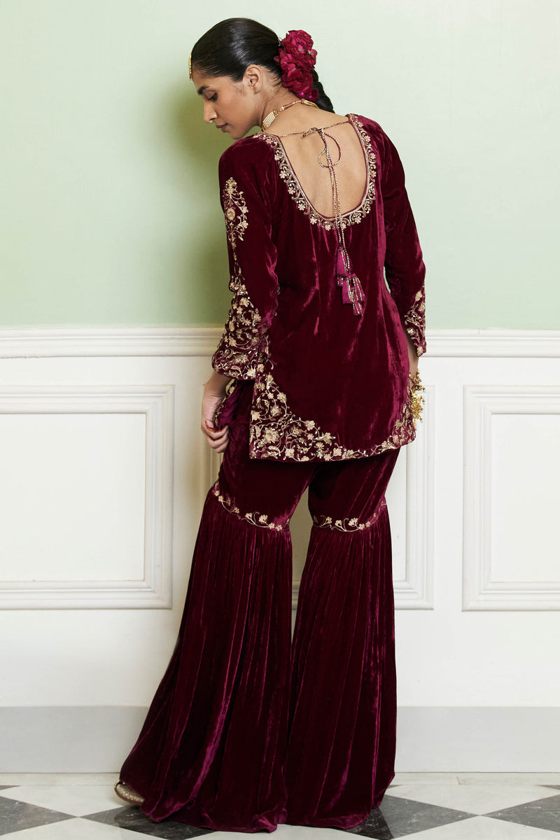 Plum Red Embroidered Velvet Gharara Set