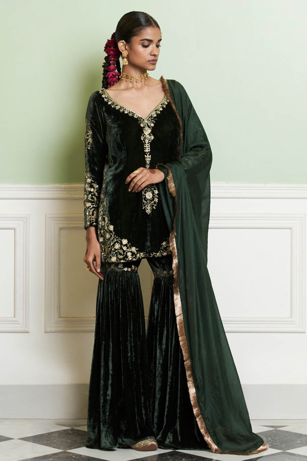 Emerald Green Embroidered Velvet Gharara Set