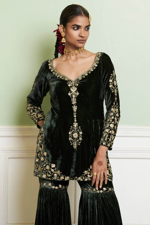 Emerald Green Embroidered Velvet Gharara Set