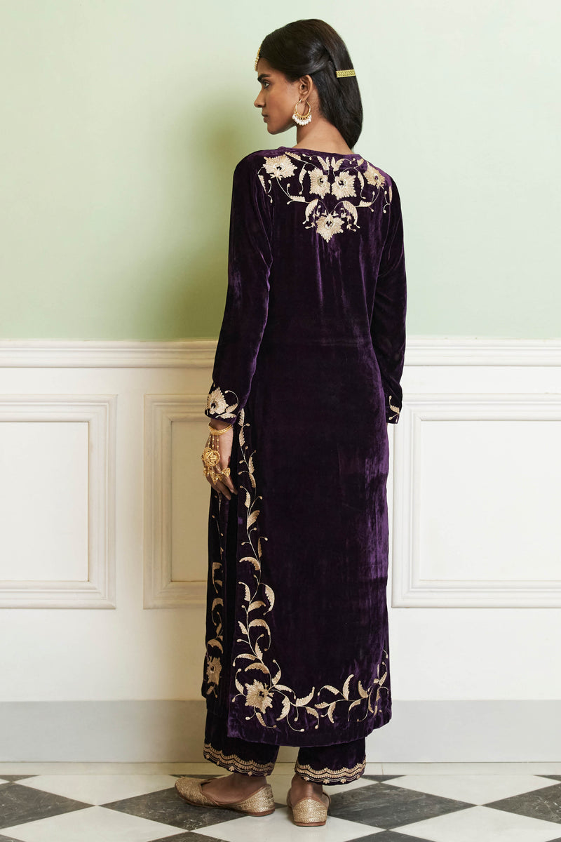 Deep Purple Embroidered Velvet Kurta Set