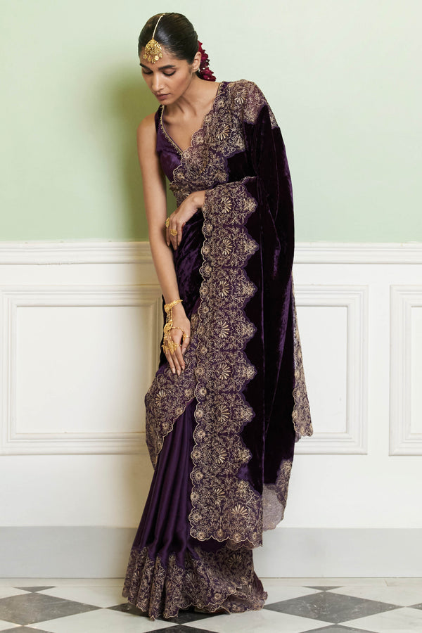 Deep Purple Embroidered Velvet Saree Set