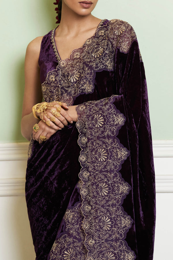 Deep Purple Embroidered Velvet Saree Set