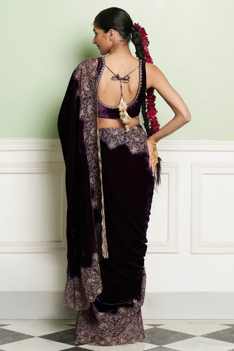 Deep Purple Embroidered Velvet Saree Set