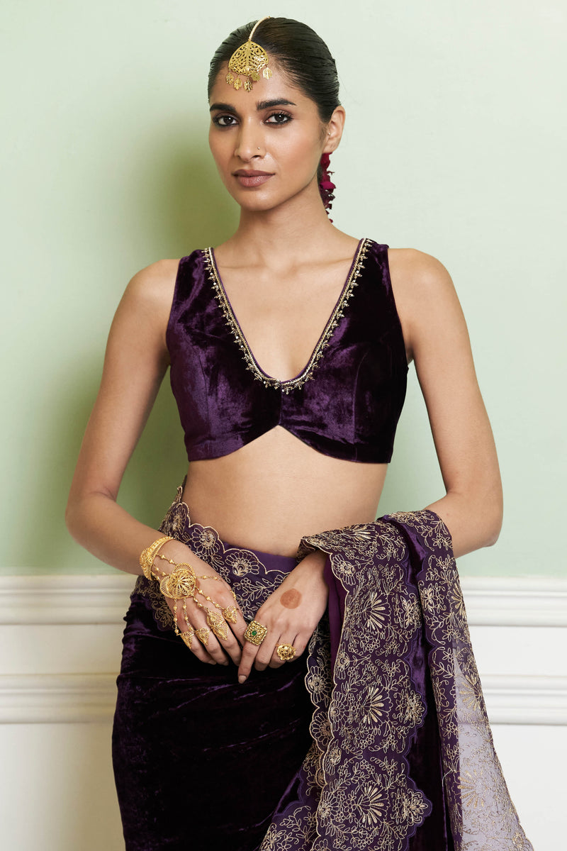 Deep Purple Embroidered Velvet Saree Set