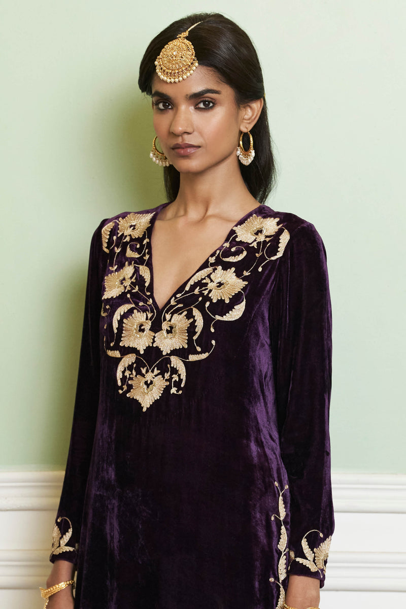 Deep Purple Embroidered Velvet Kurta Set