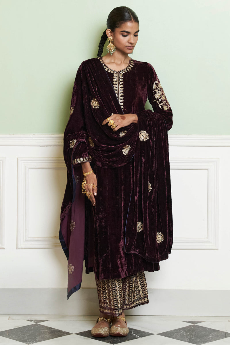 Wine Red Embroidered Velvet Kurta Set