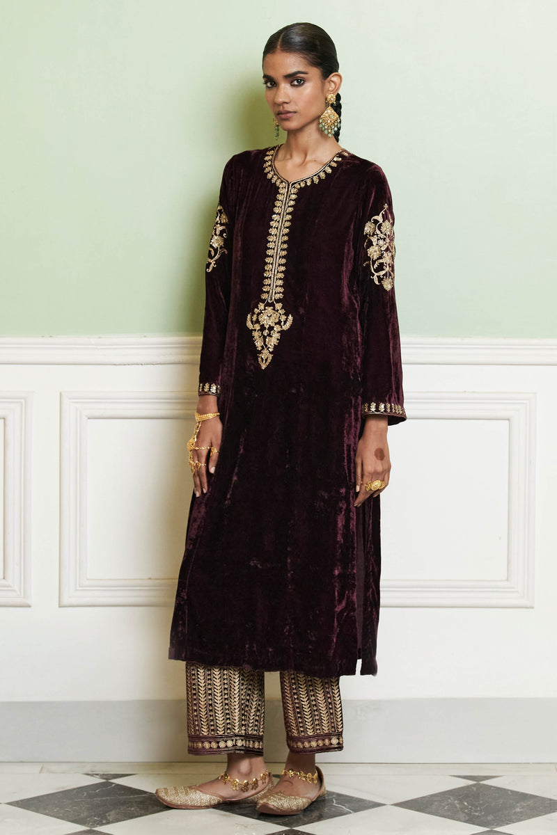 Wine Red Embroidered Velvet Kurta Set