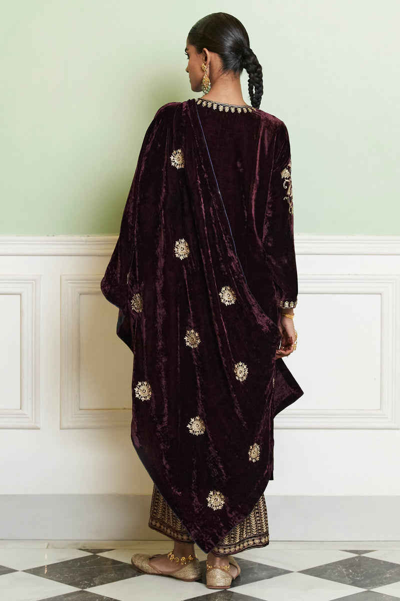 Wine Red Embroidered Velvet Kurta Set