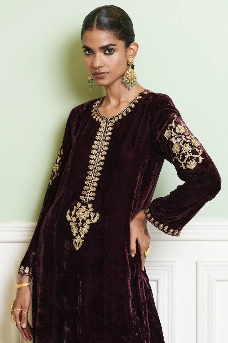 Wine Red Embroidered Velvet Kurta Set