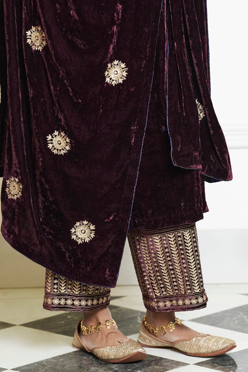 Wine Red Embroidered Velvet Kurta Set