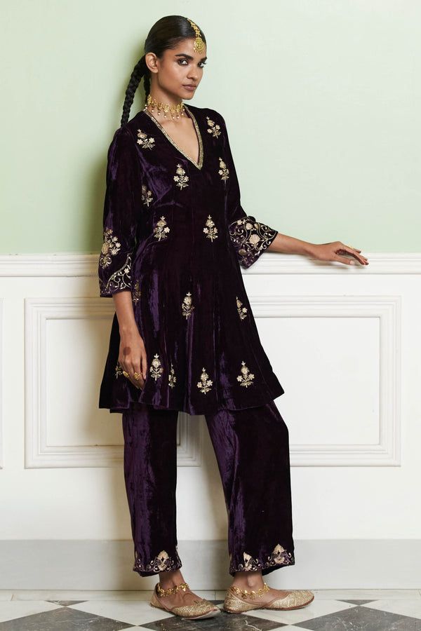 Deep Purple Embroidered Velvet Short Kalidar Kurta Set