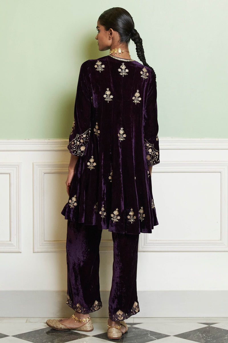 Deep Purple Embroidered Velvet Short Kalidar Kurta Set