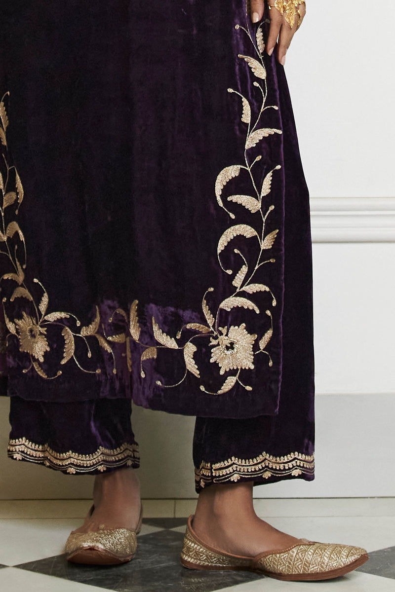 Deep Purple Embroidered Velvet Kurta Set