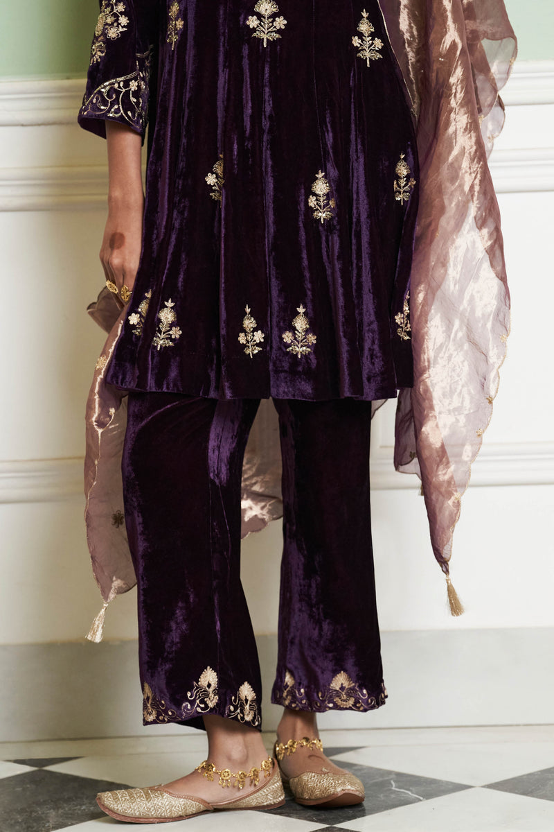 Deep Purple Embroidered Velvet Short Kalidar Kurta Set