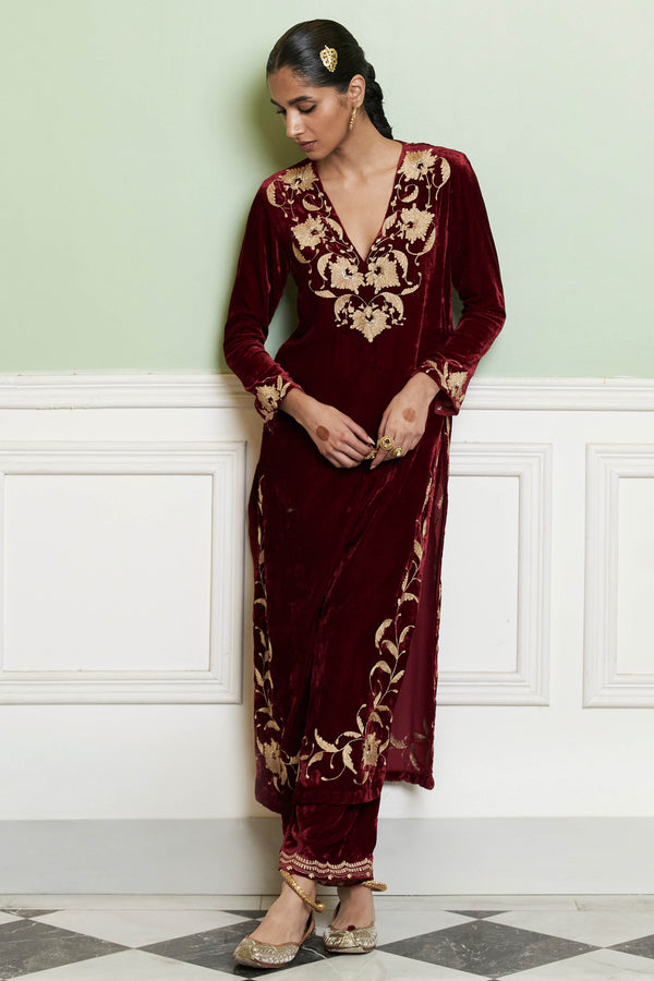 Maroon Embroidered Velvet Kurta Set