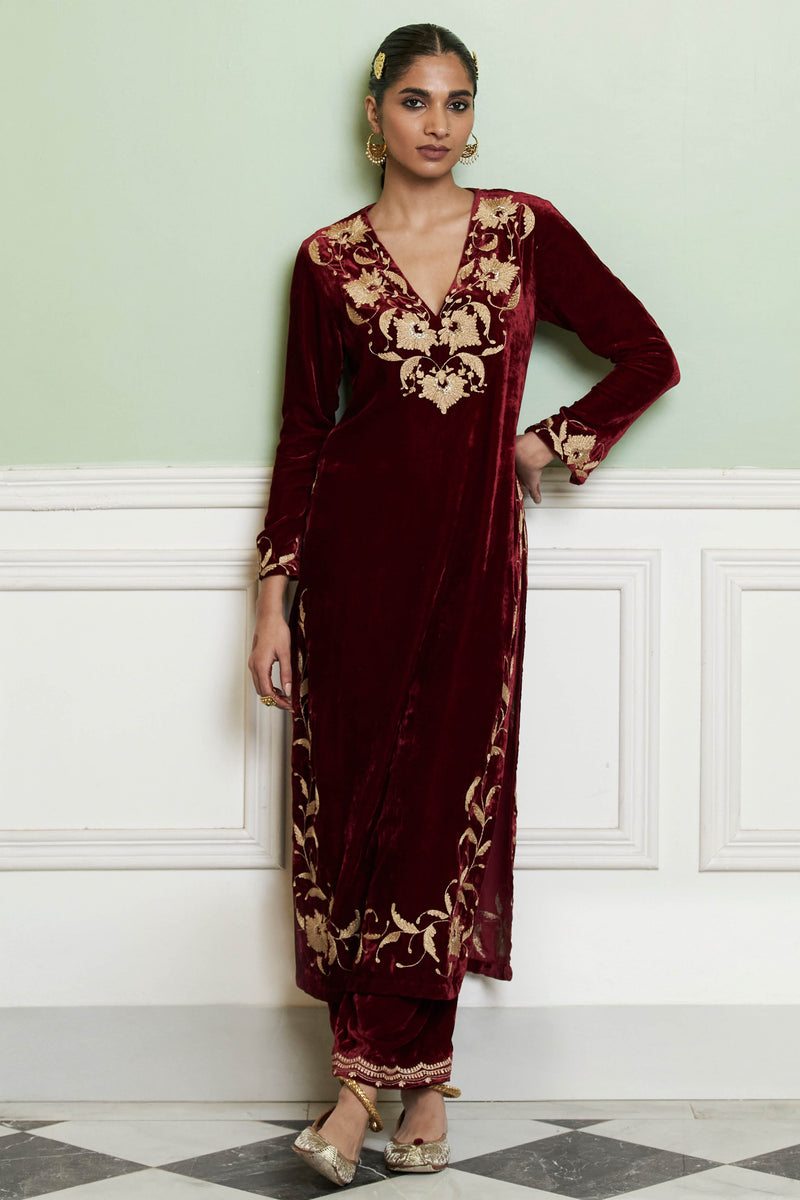 Maroon Embroidered Velvet Kurta Set