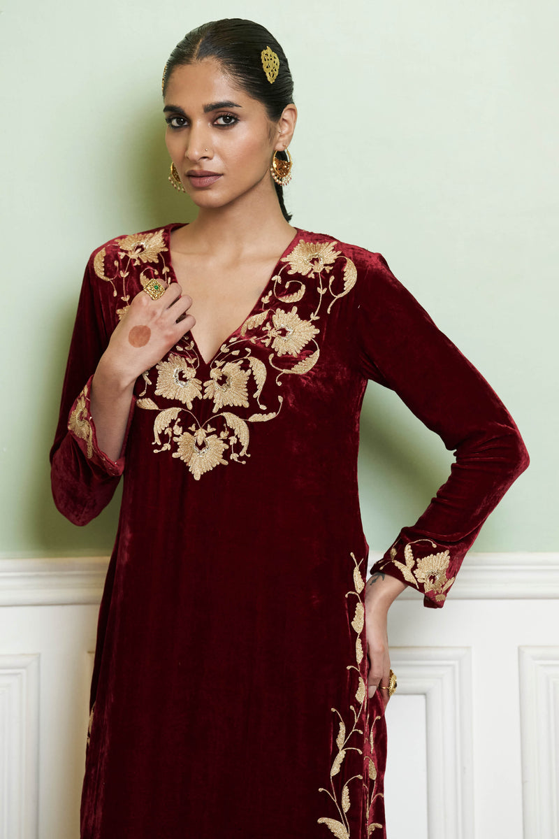 Maroon Embroidered Velvet Kurta Set