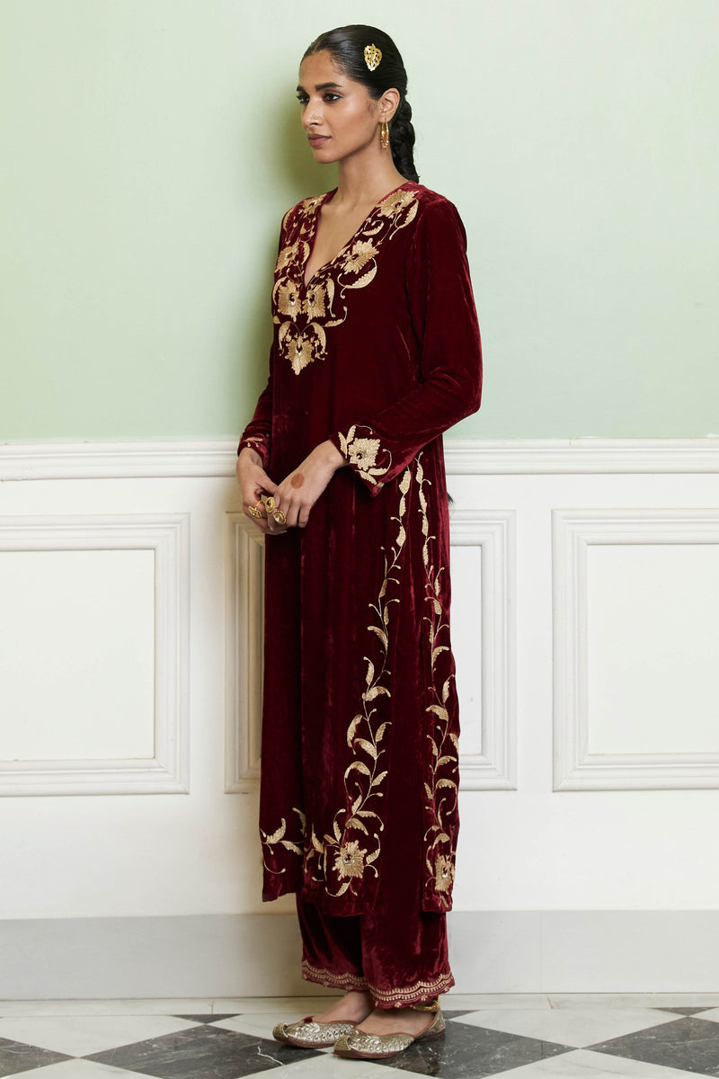 Maroon Embroidered Velvet Kurta Set