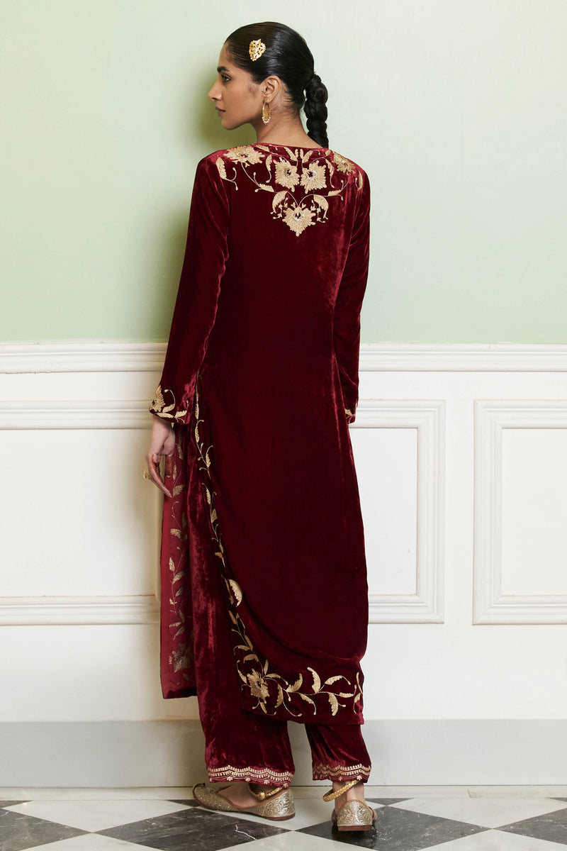 Maroon Embroidered Velvet Kurta Set