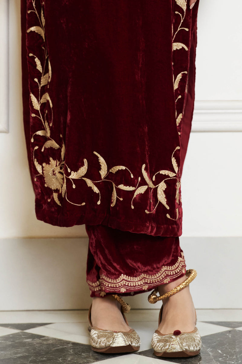 Maroon Embroidered Velvet Kurta Set