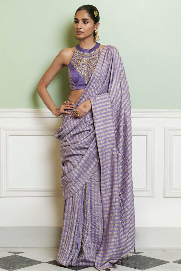 Mauve Embroidered Woven Monga Silk Saree Set