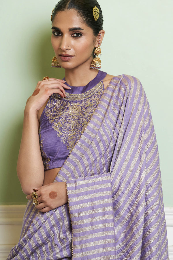 Mauve Embroidered Woven Monga Silk Saree Set