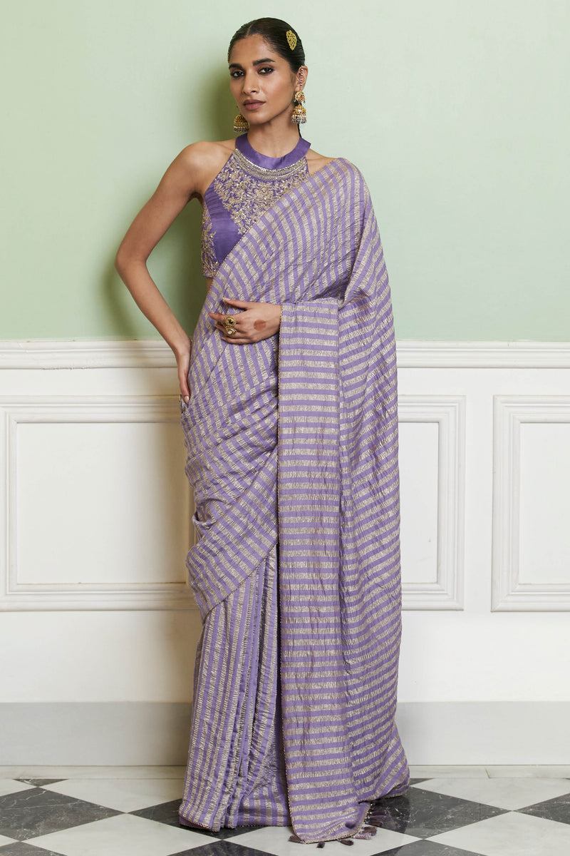 Mauve Embroidered Woven Monga Silk Saree Set