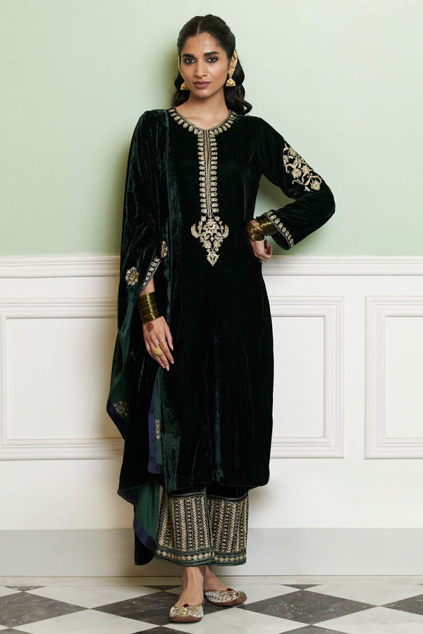 Emerald Green Embroidered Velvet Kurta Set