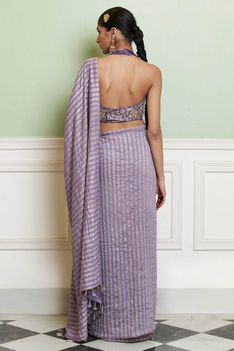 Mauve Embroidered Woven Monga Silk Saree Set